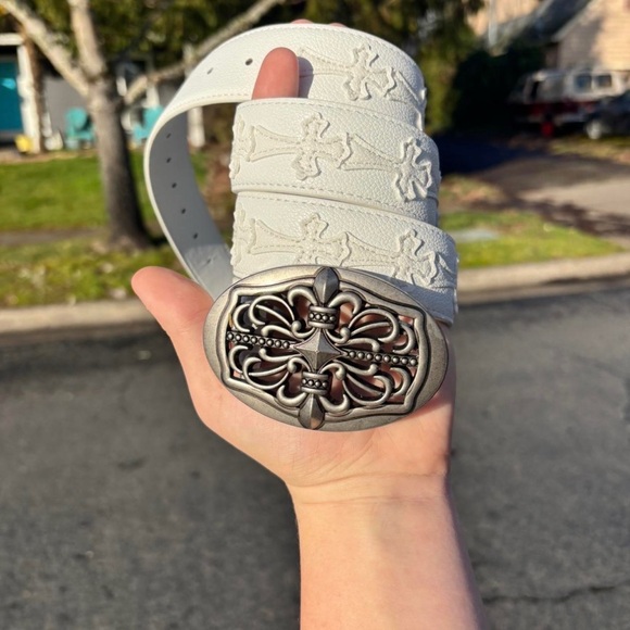White Embossed Cross Belt with Ornate Silver Buckle
